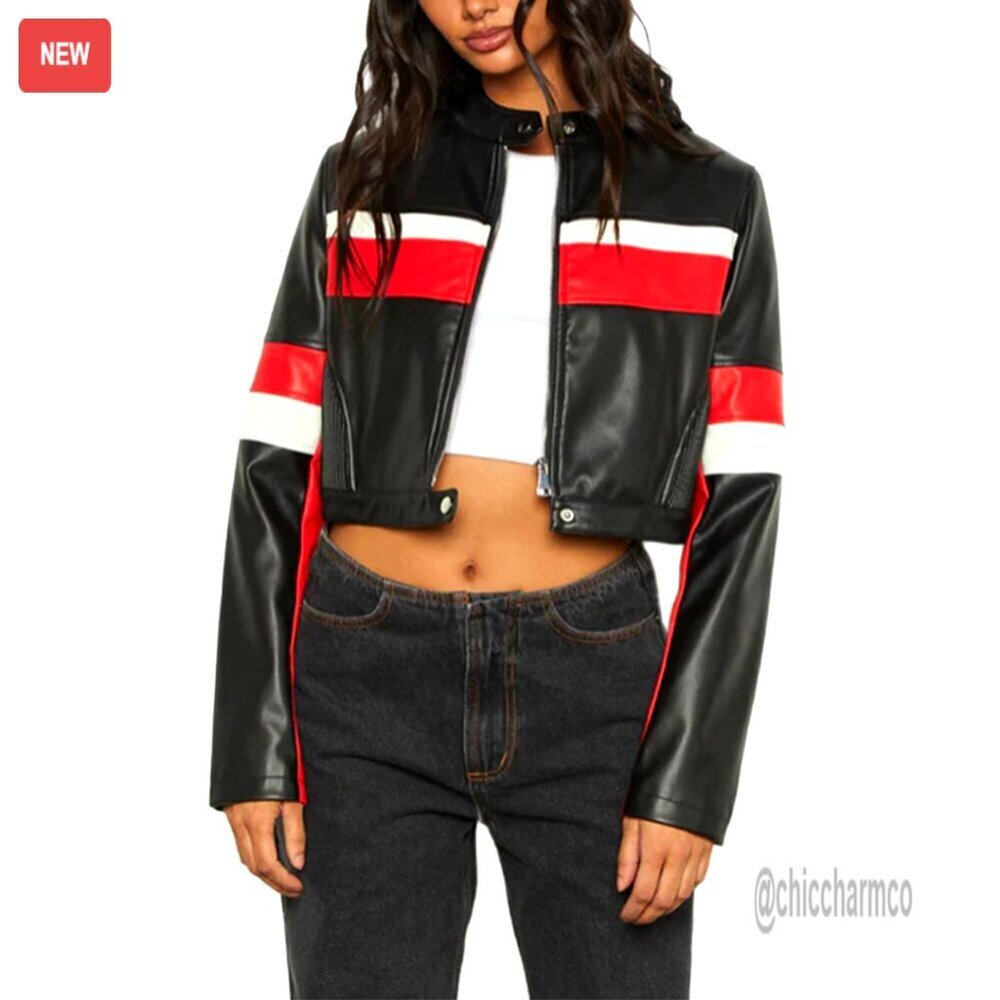 Faux Leather Jacket Women Zip Up Motorcycle Cropped Jacket Outerwear